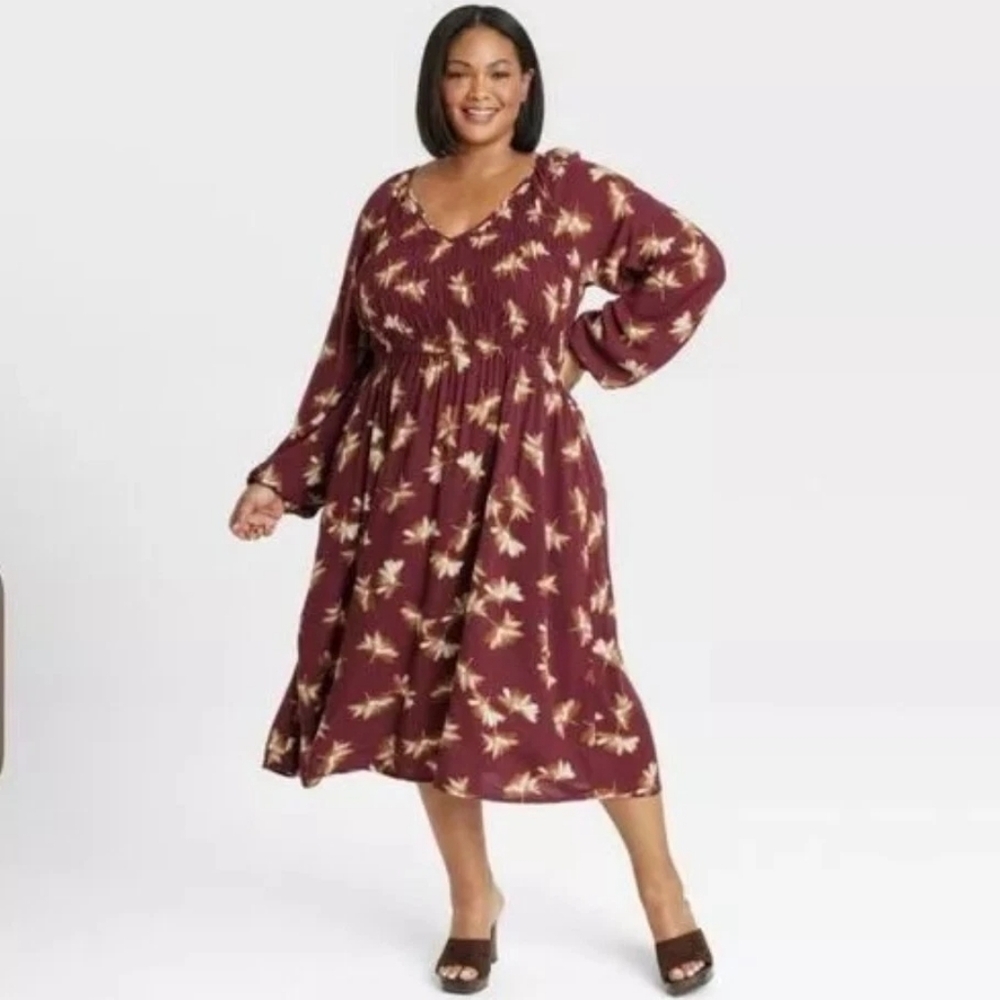 Ava & Viv Floral Burgundy/brown Midi Dress 1X - Picture 7 of 7